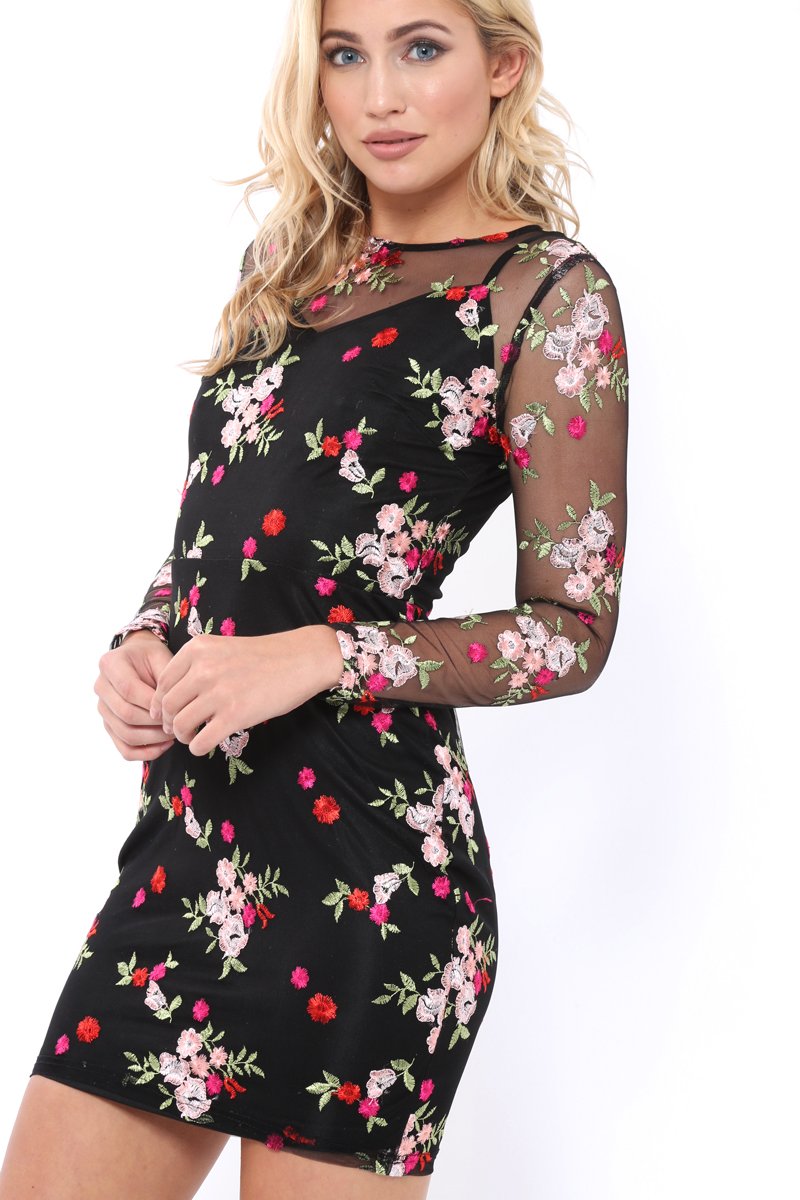 Black Embroidered Body Con with Sheer Sleeves - Fleur