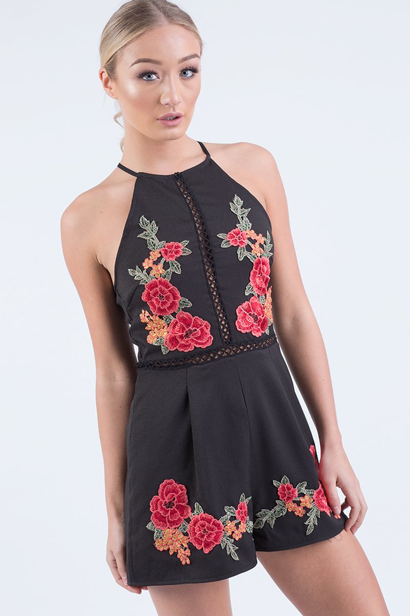 Black Embroidered High Neck Playsuit - Maya