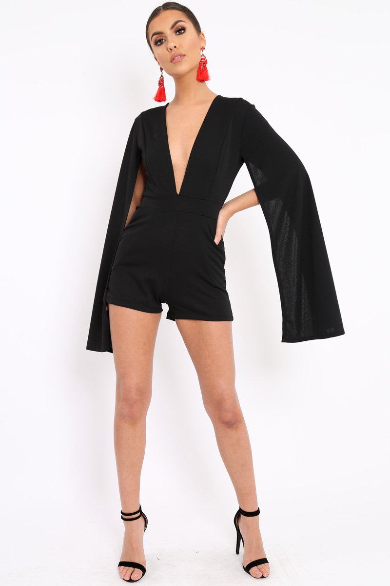 Black Extreme Plunge Cape Playsuit - Haylo