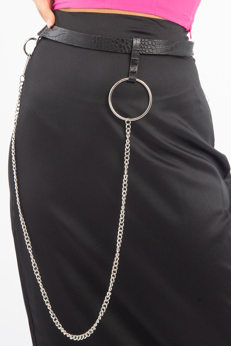 Black Faux Croc Ring Chain Belt - Florice