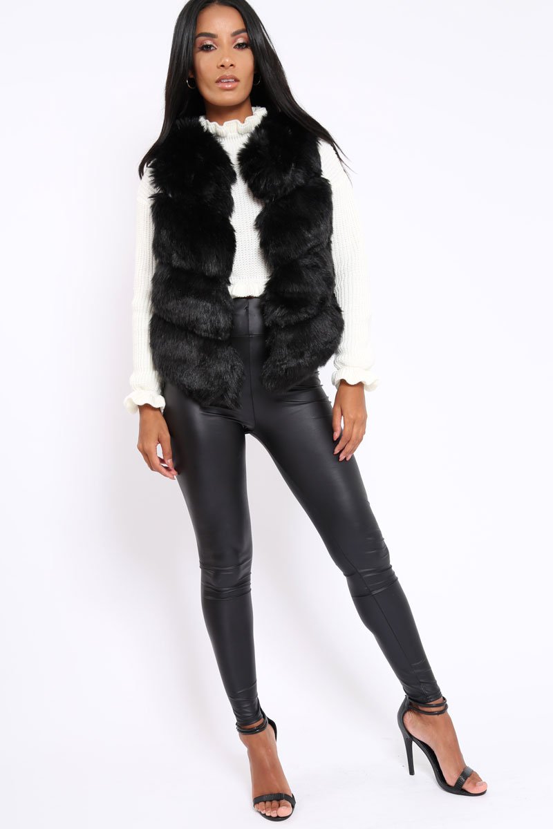 Black Faux Leather And Fur Cropped Gilet - Leila