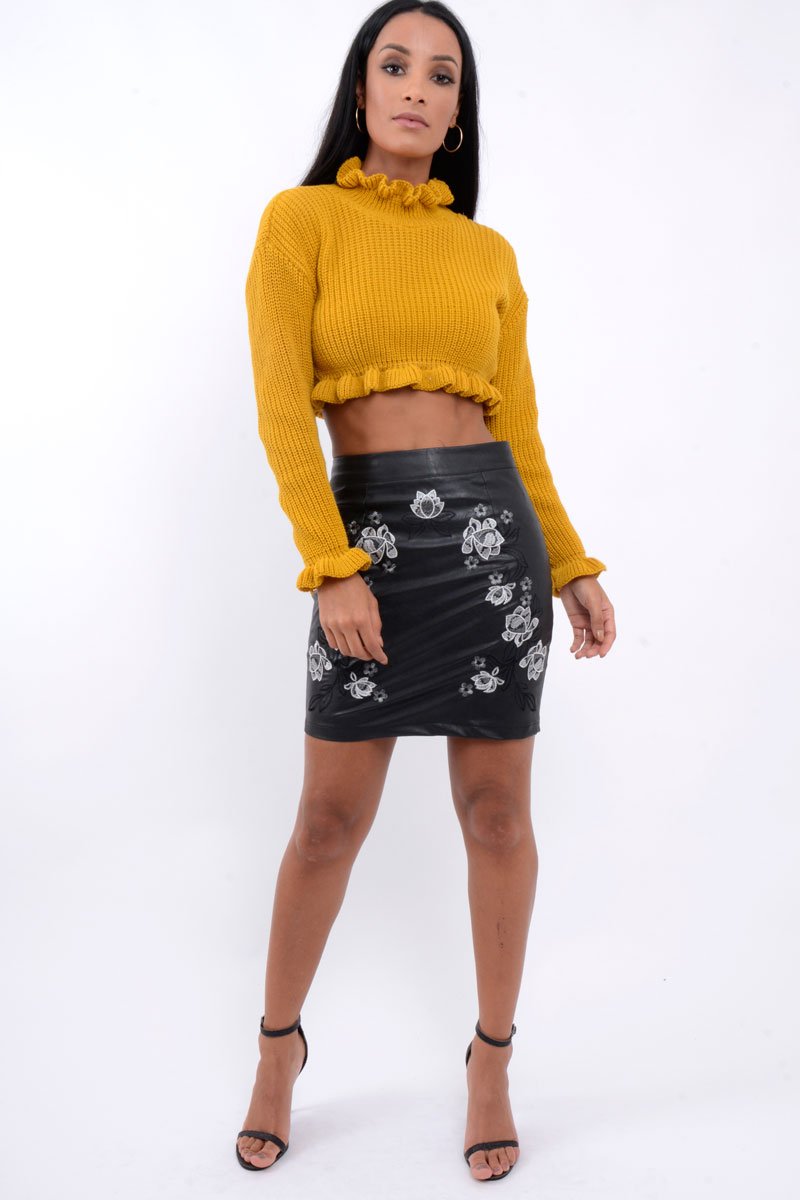 Black Faux Leather Embroidered Skirt - Ming