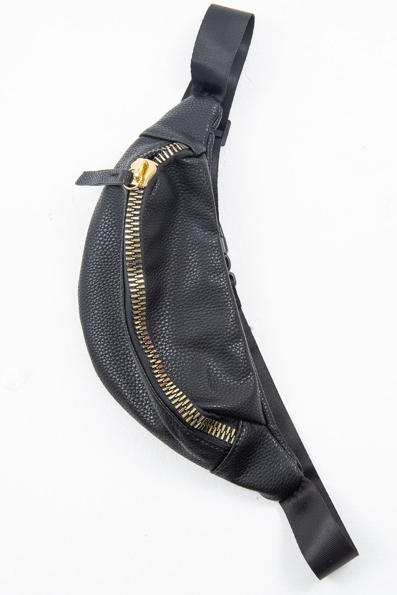 Black Faux Leather Gold Zip Detail Bum Bag - Linsy