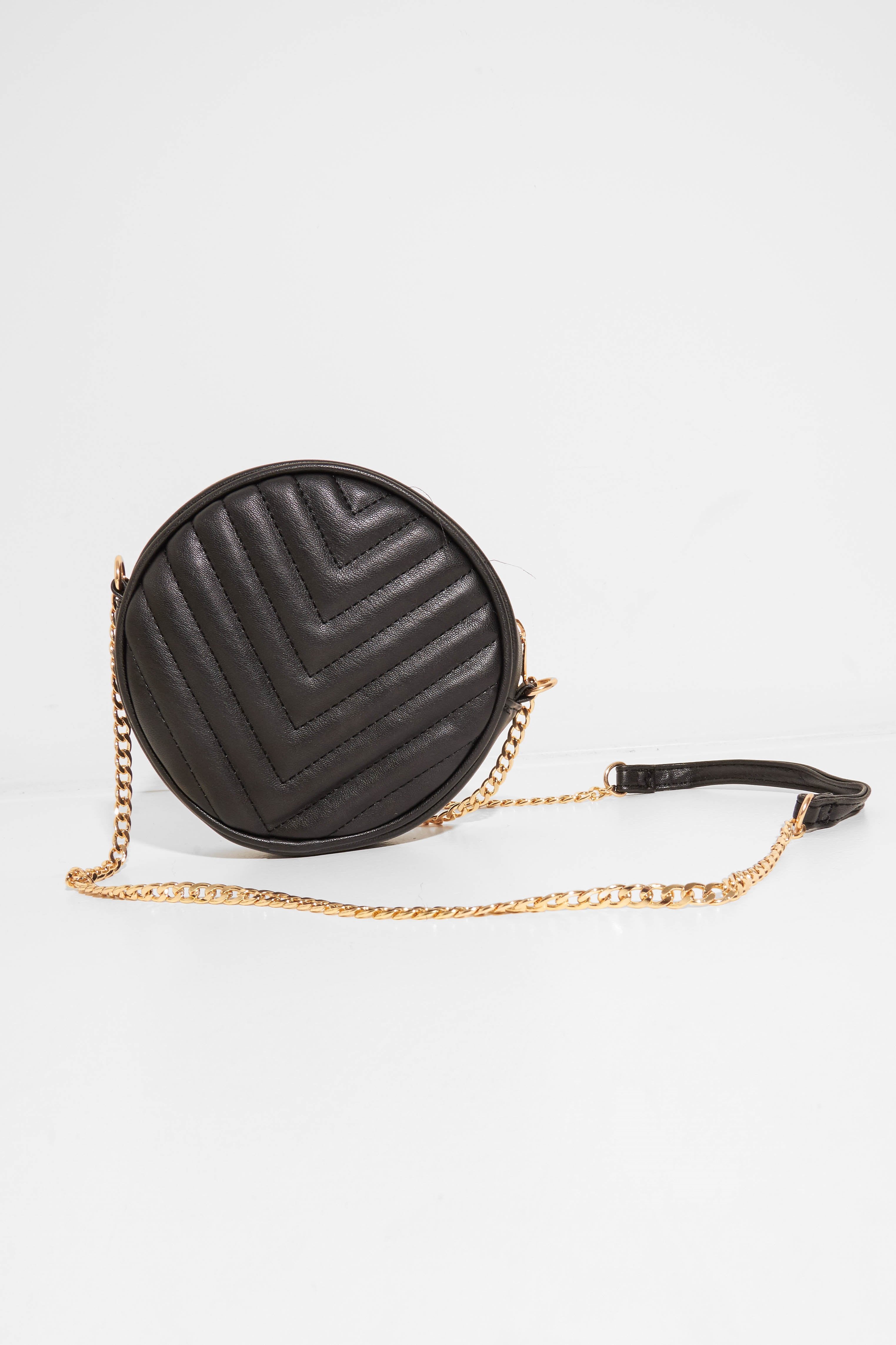 Black Faux Leather Quilted Circle Bag - Chesca