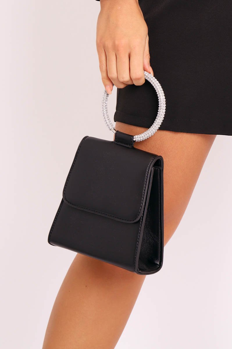 Black Faux Leather Ring Handle Bag - Feyza