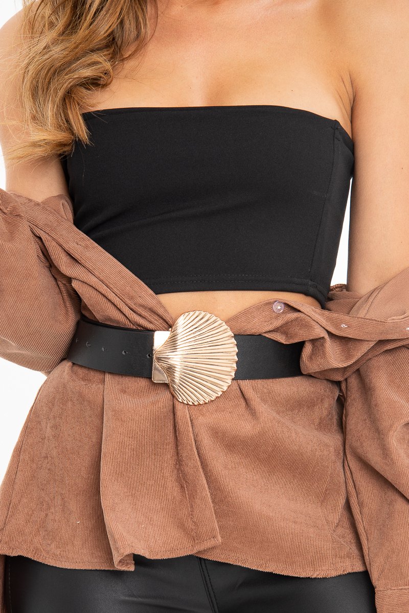 Black Faux Leather Shell Buckle Belt - Janna