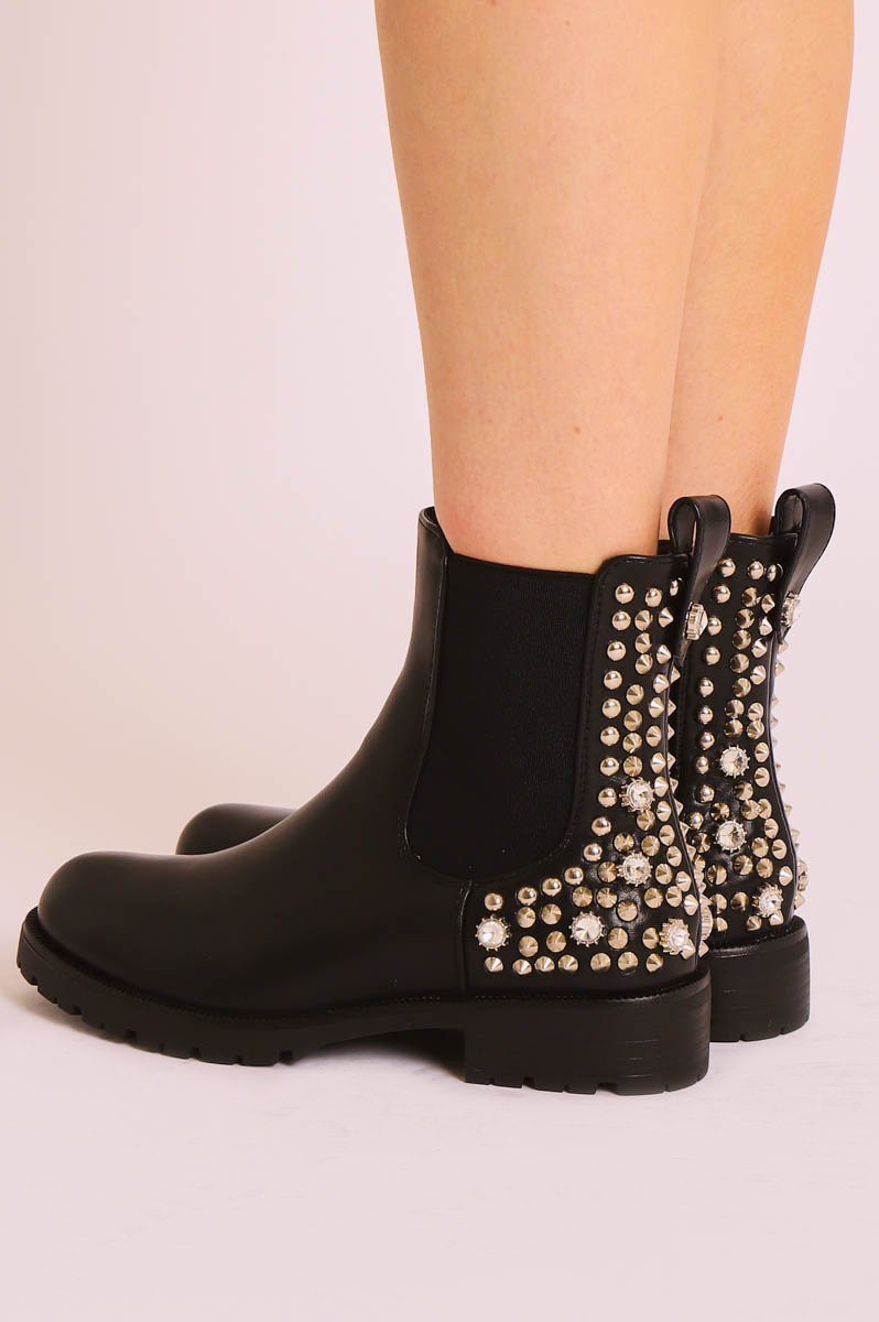 Black Faux Leather Silver Studded Chelsea Boots - Katelin