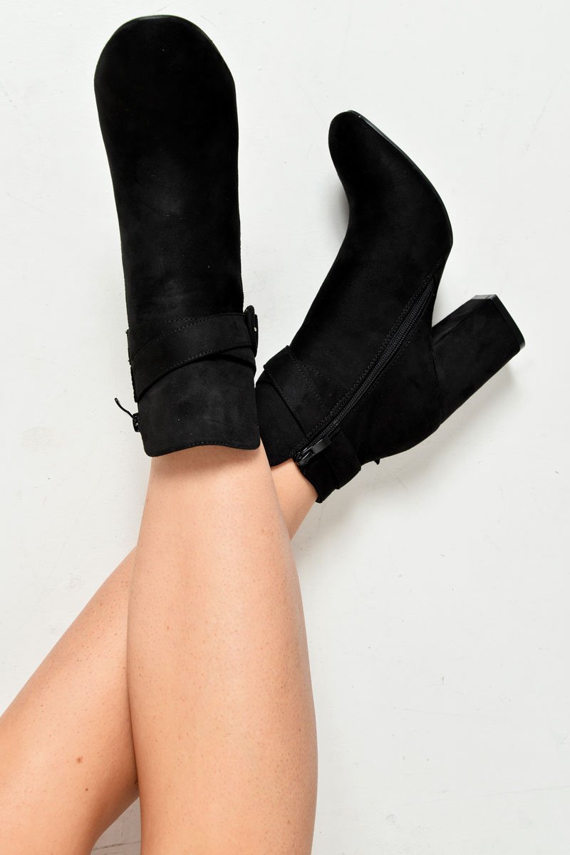 Black Faux Suede Buckle Detail Ankle Boots - Jaielle