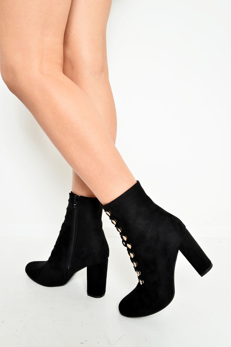 Black Faux Suede Button Detail Ankle Boots - Hadlyn