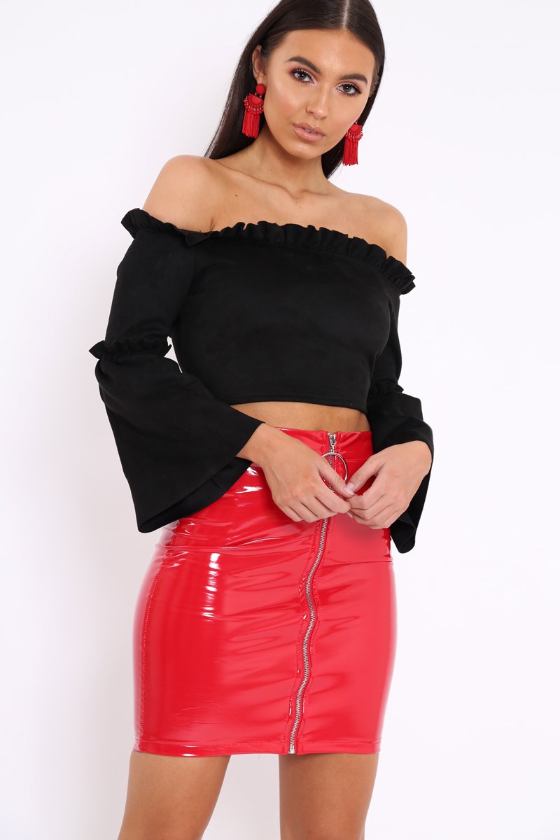 Black Faux Suede Crop Bardot Top - Torri