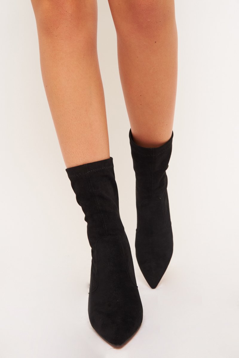 Black Faux Suede Diamante Heel Sock Boot - Graylin