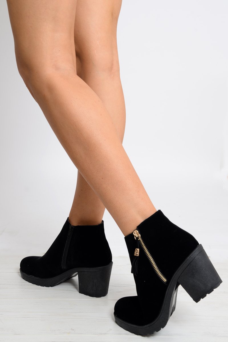 Black Faux Suede Gold Detail Zip Heeled Boot- Amare