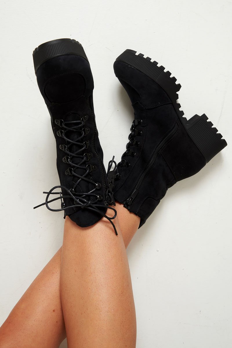 Black Faux Suede Lace Up Army Boots - Shadyn