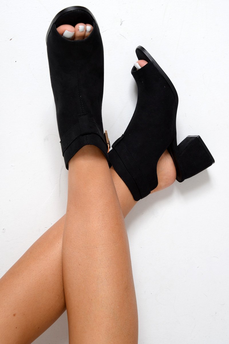 Black Faux Suede Open Front and Back Block Heel Boots - Brinlee