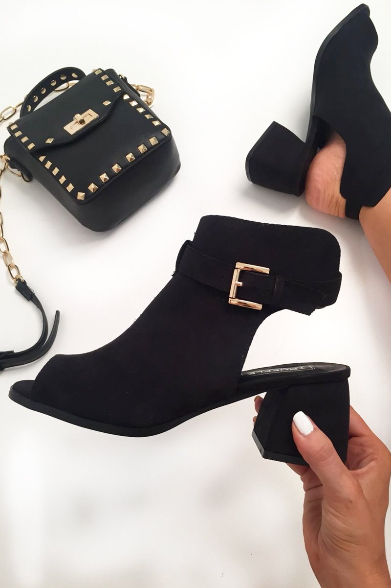 Black Faux Suede Open Front and Back Block Heel Boots - Brinlee