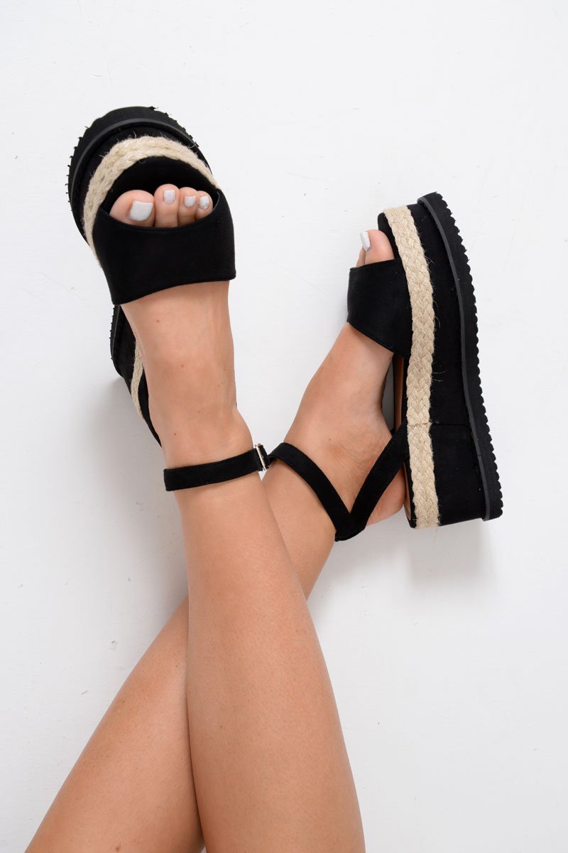 Black Faux Suede Platform Wedges - Kareli