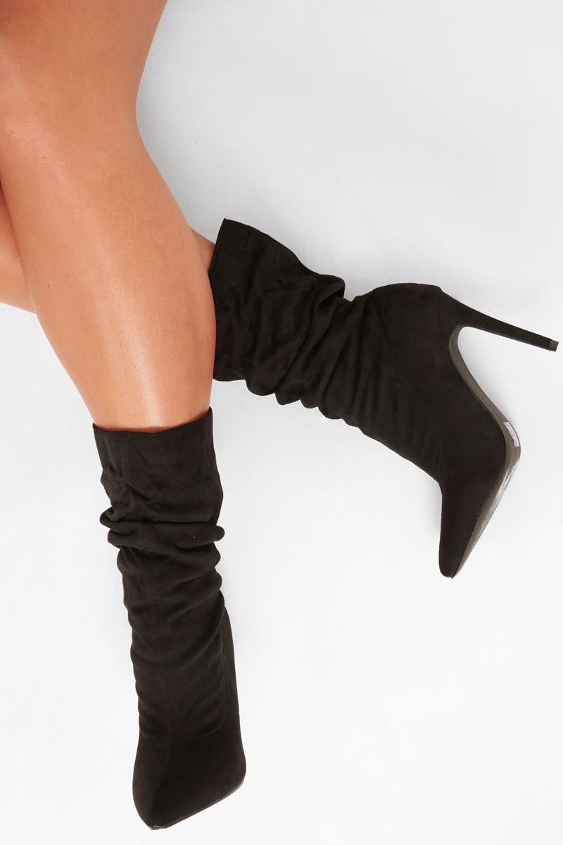 Black Faux Suede Slouchy Heeled Ankle Boots - Leightyn