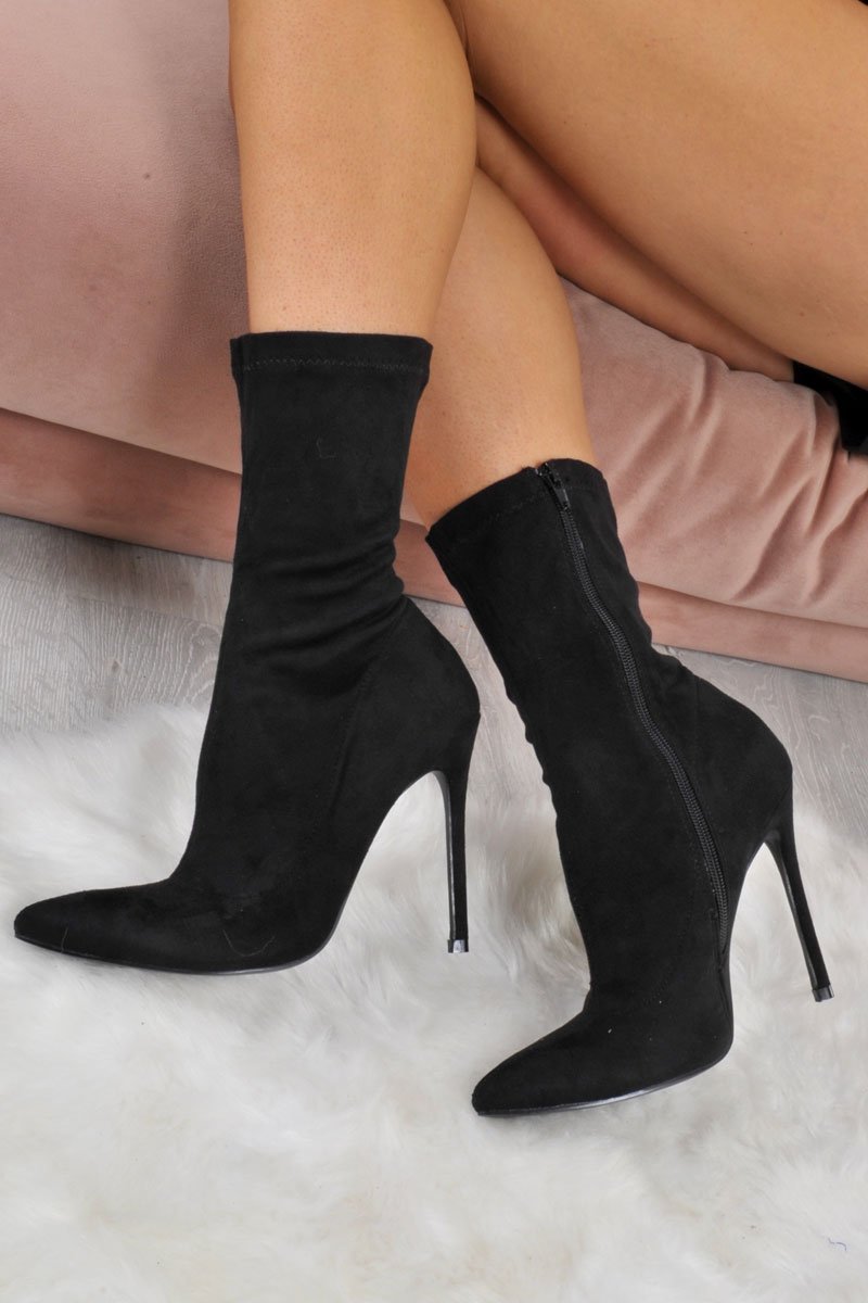 Black Faux Suede Sock Boots - Hally