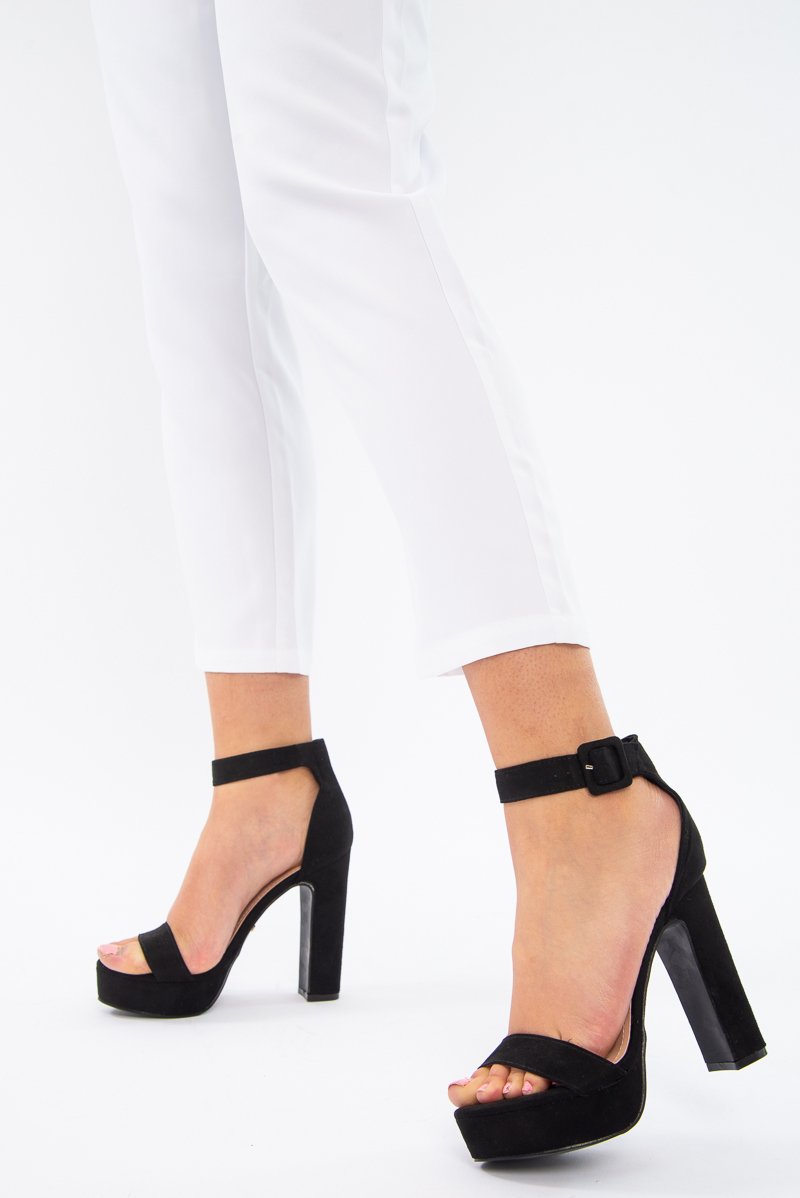 Black Faux Suede Strappy Block Heels - Jaydin