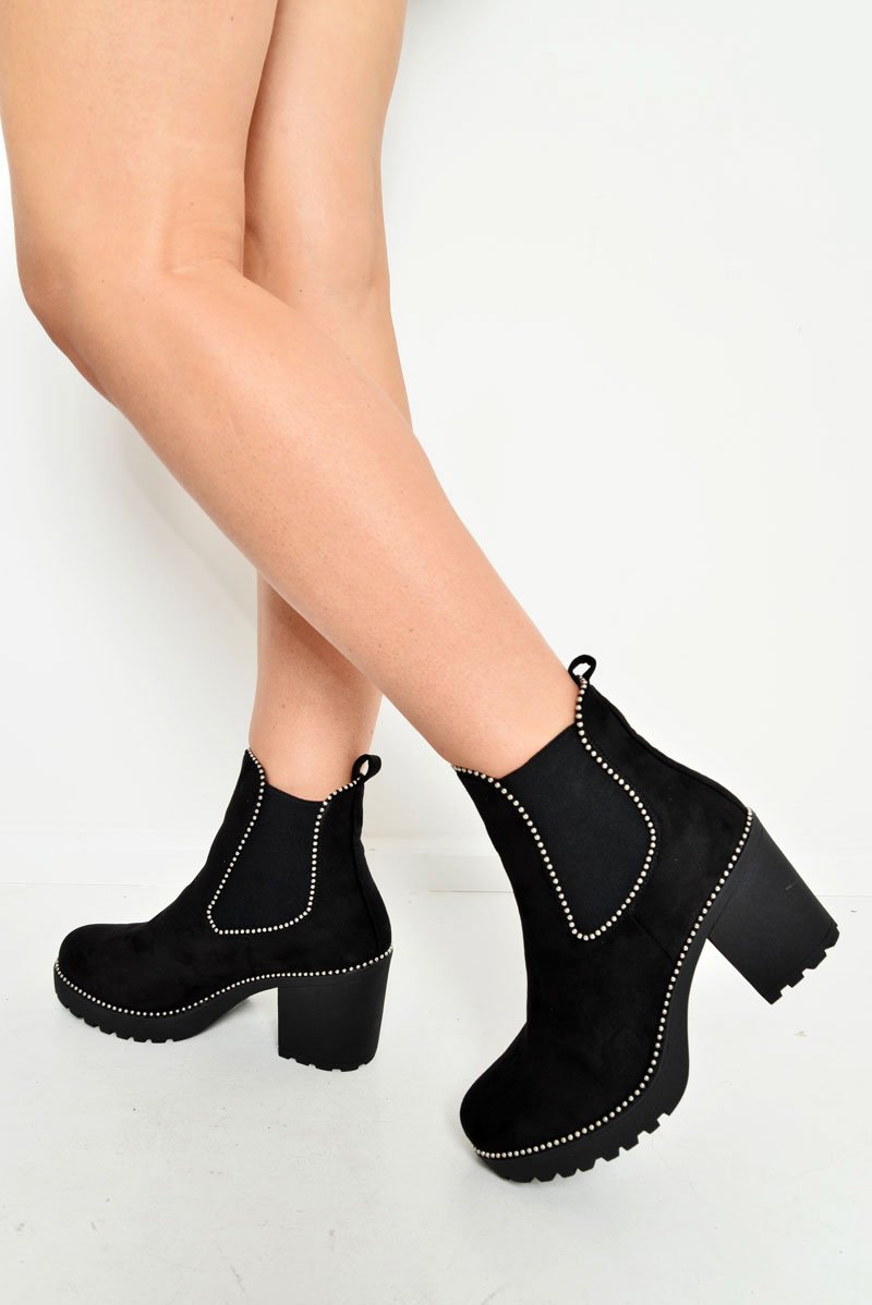 Black Faux Suede Stud Trim Chunky Chelsea Boots - Leana