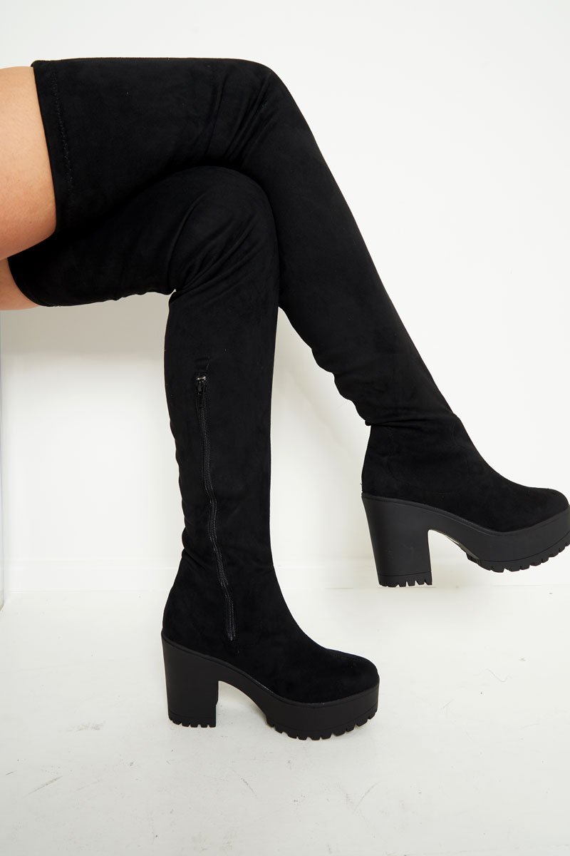 Black Faux Suede Thigh High Boots - Vayda