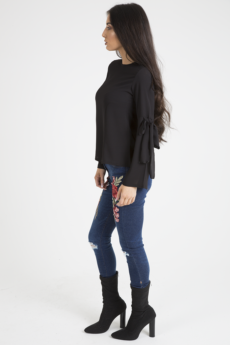 Black Flared Tied Sleeve Top - Birdie