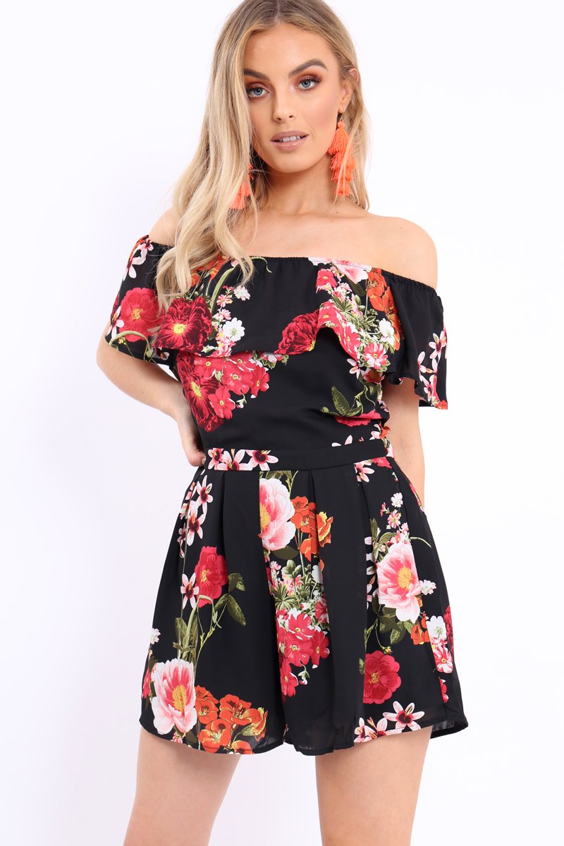 Black Floral Bardot Playsuit with Frill Detail - Raine