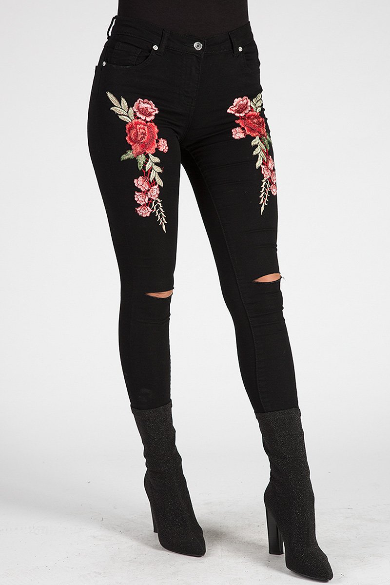 Black Floral Embroidered Ripped Skinny Jeans - Ariel