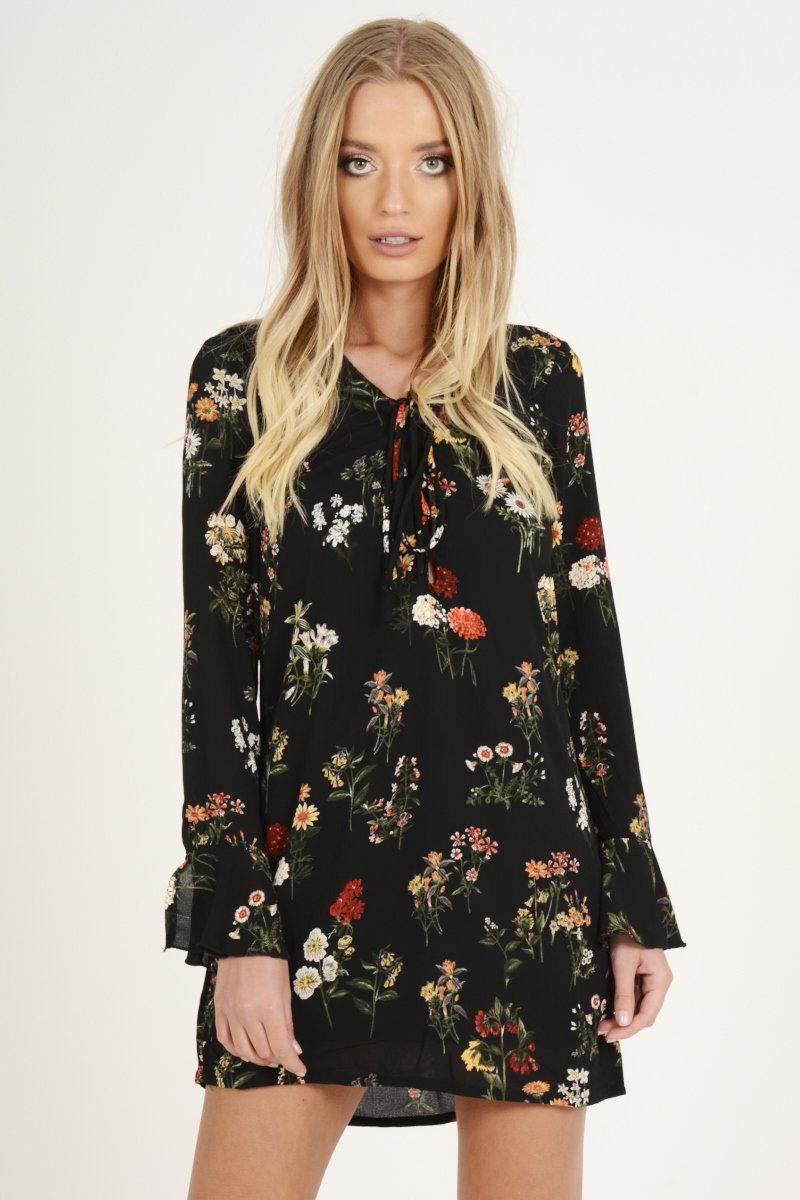 Black Floral Flared Sleeve Dress - Aisha