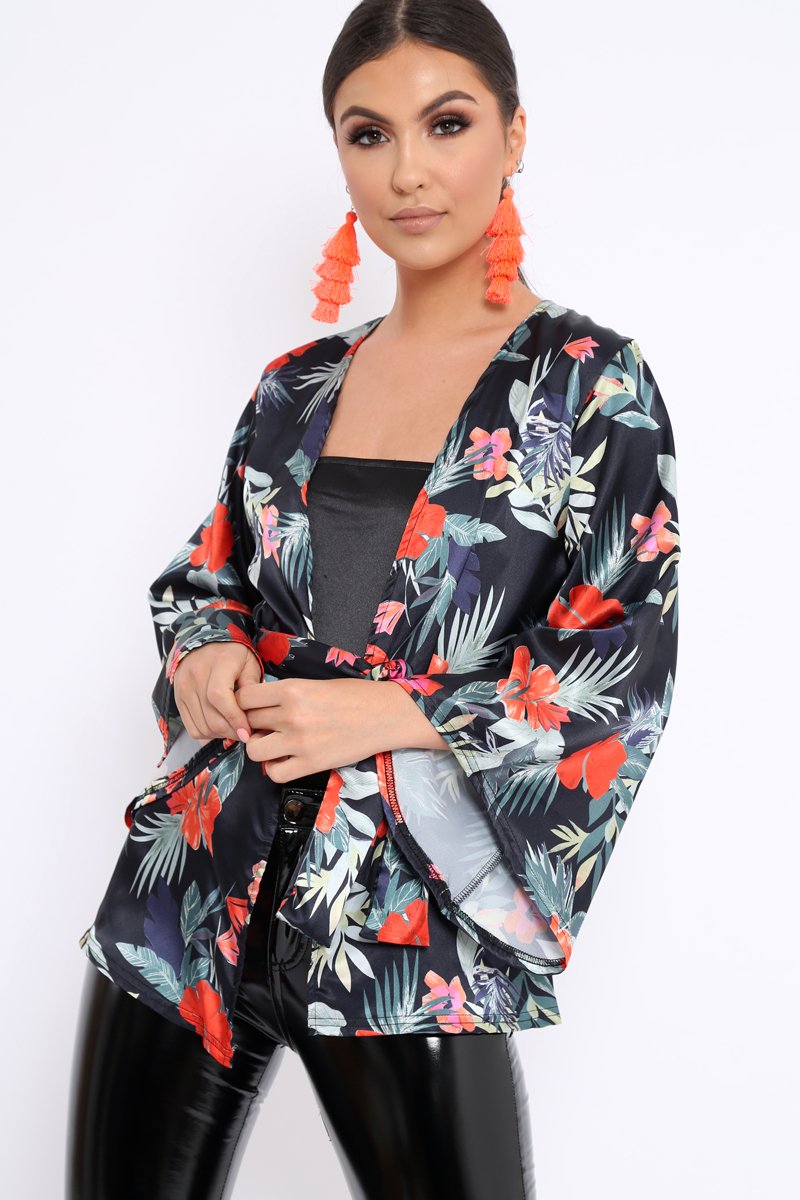 Black Floral Flared Sleeve Kimono - Shifa