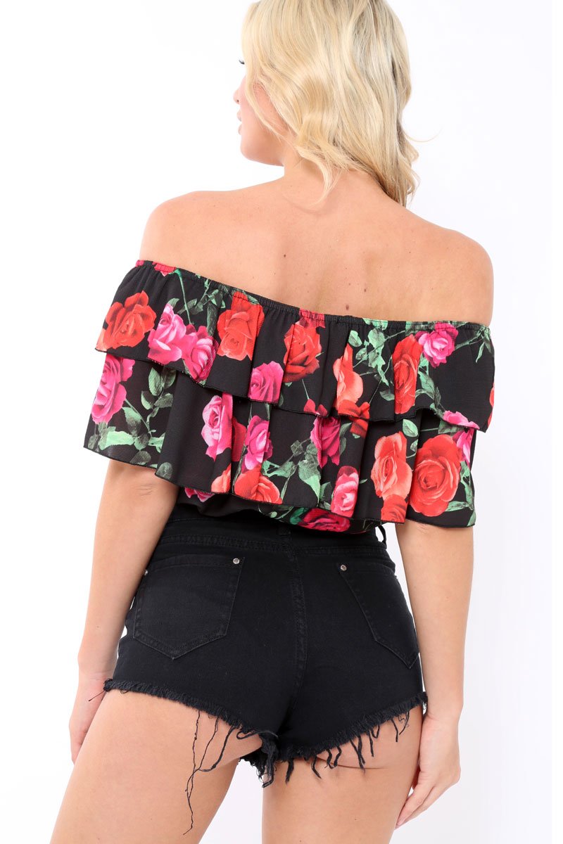 Black Floral Frill Bardot Top - Jemma