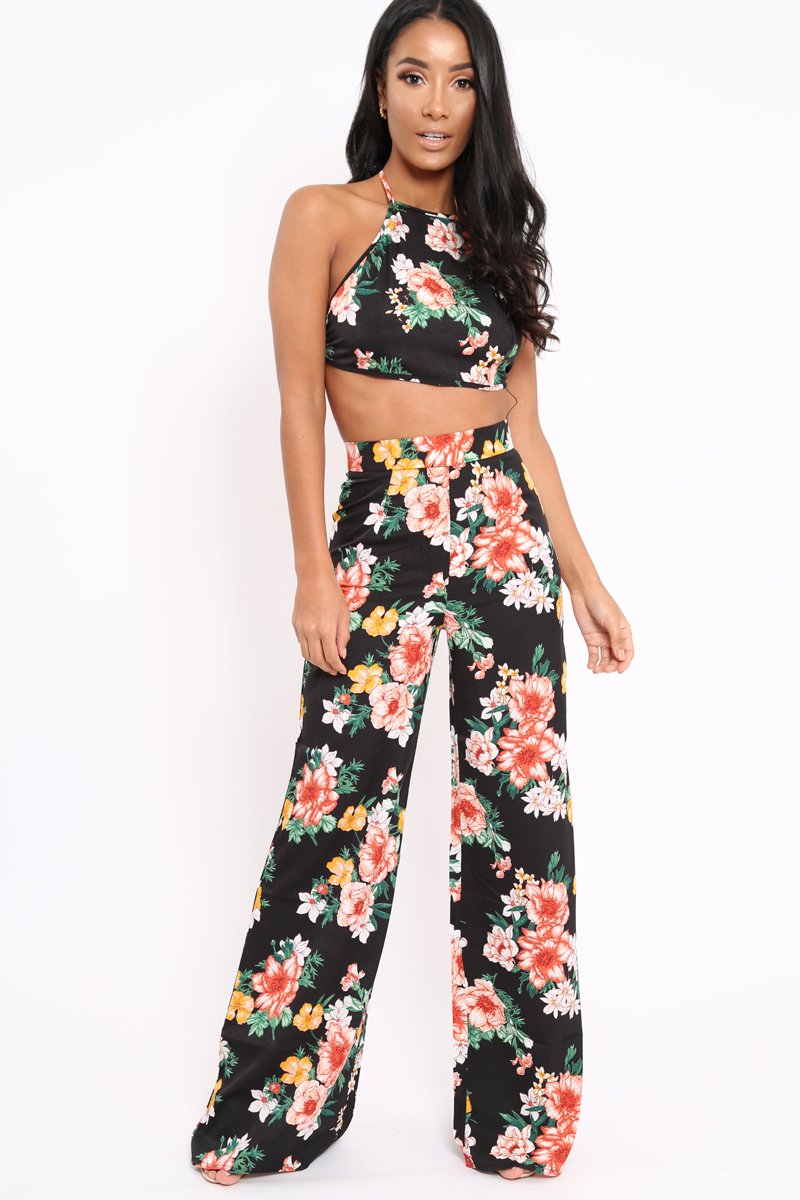 Black Floral Halterneck Crop Top - Christie