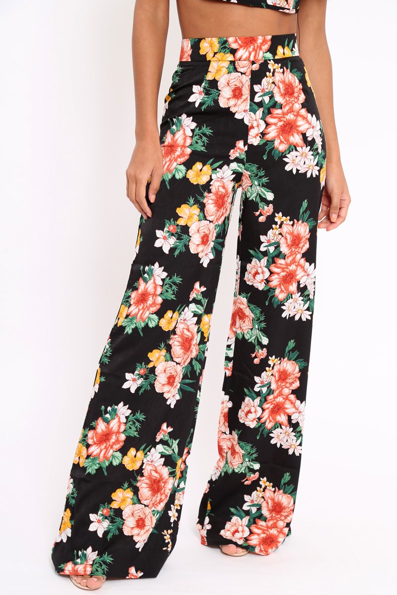 Black Floral High Waist Flare Trousers -Tisha