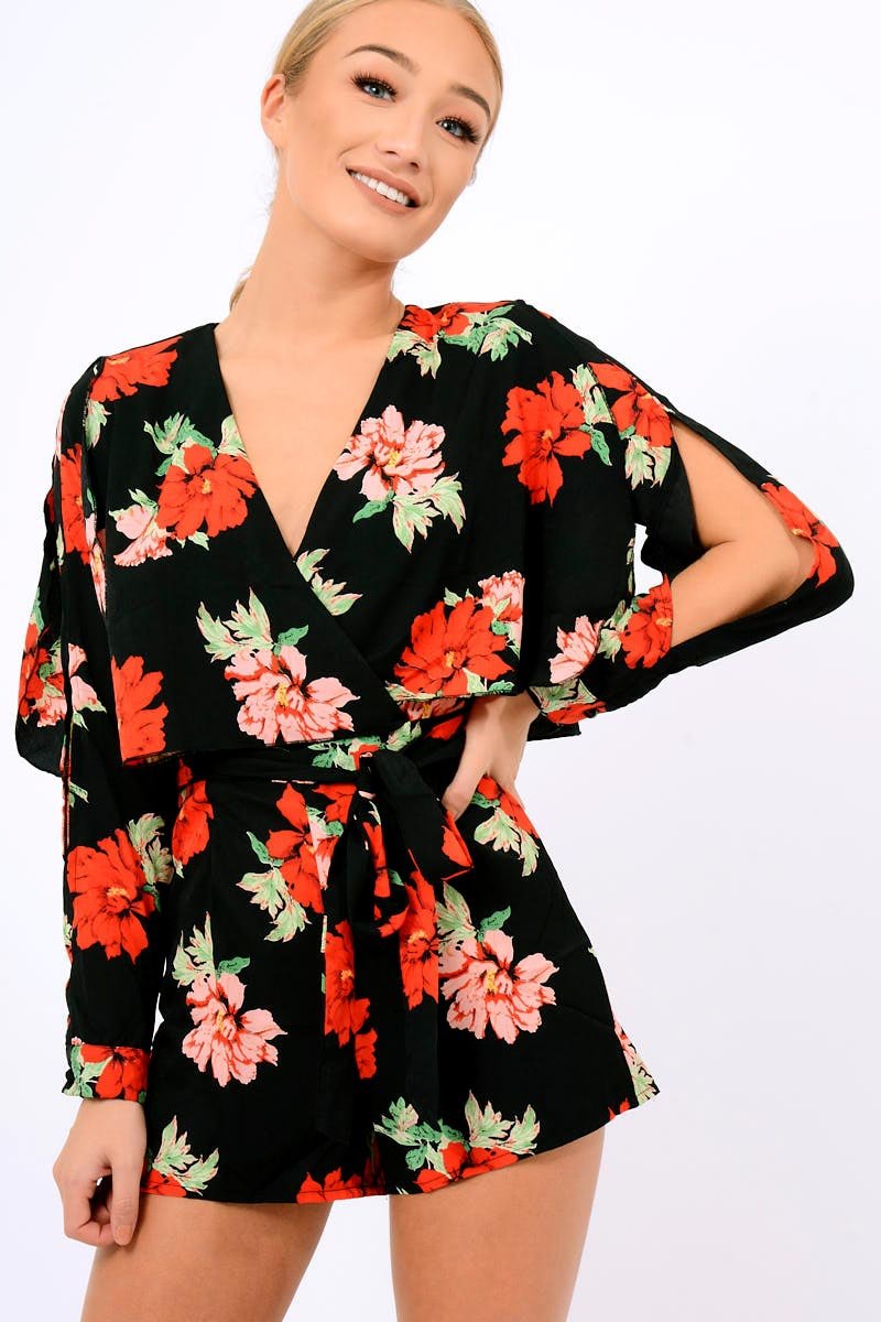 Black Floral Panel Wrap Playsuit - Ladonna