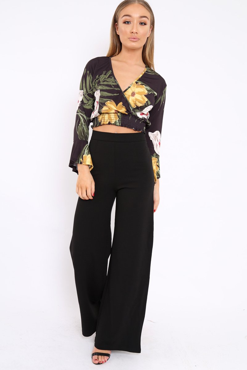 Black Floral Plunge Gypsy Crop Top - Tiegan