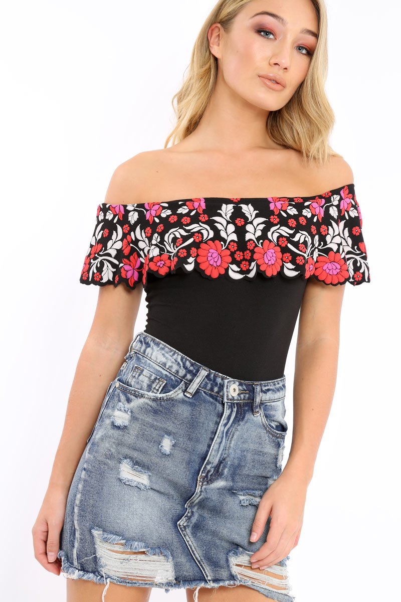 Black Floral Print Bardot Frill Bodysuit - Klaudia