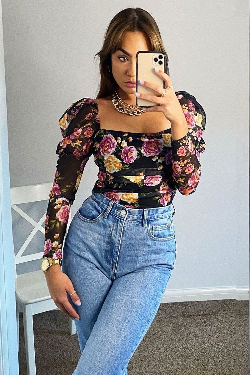 Black Floral Puff Sleeve Bodysuit - Deana