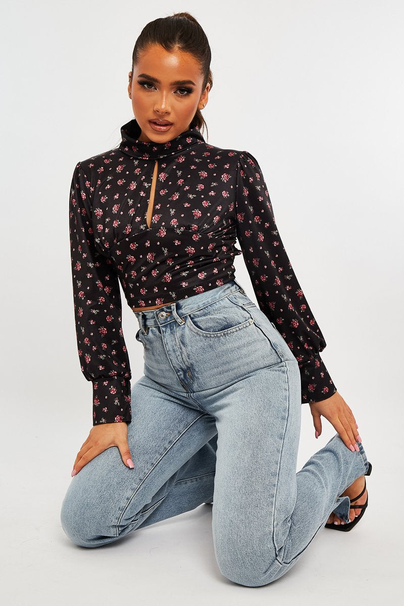 Black Floral Satin Cut Out Backless Crop Top - Cary - Size 8