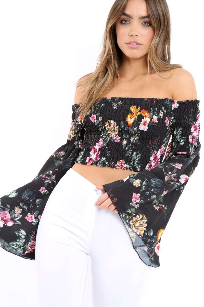 Black Floral Shirred Flared Sleeve Top - Jaasia