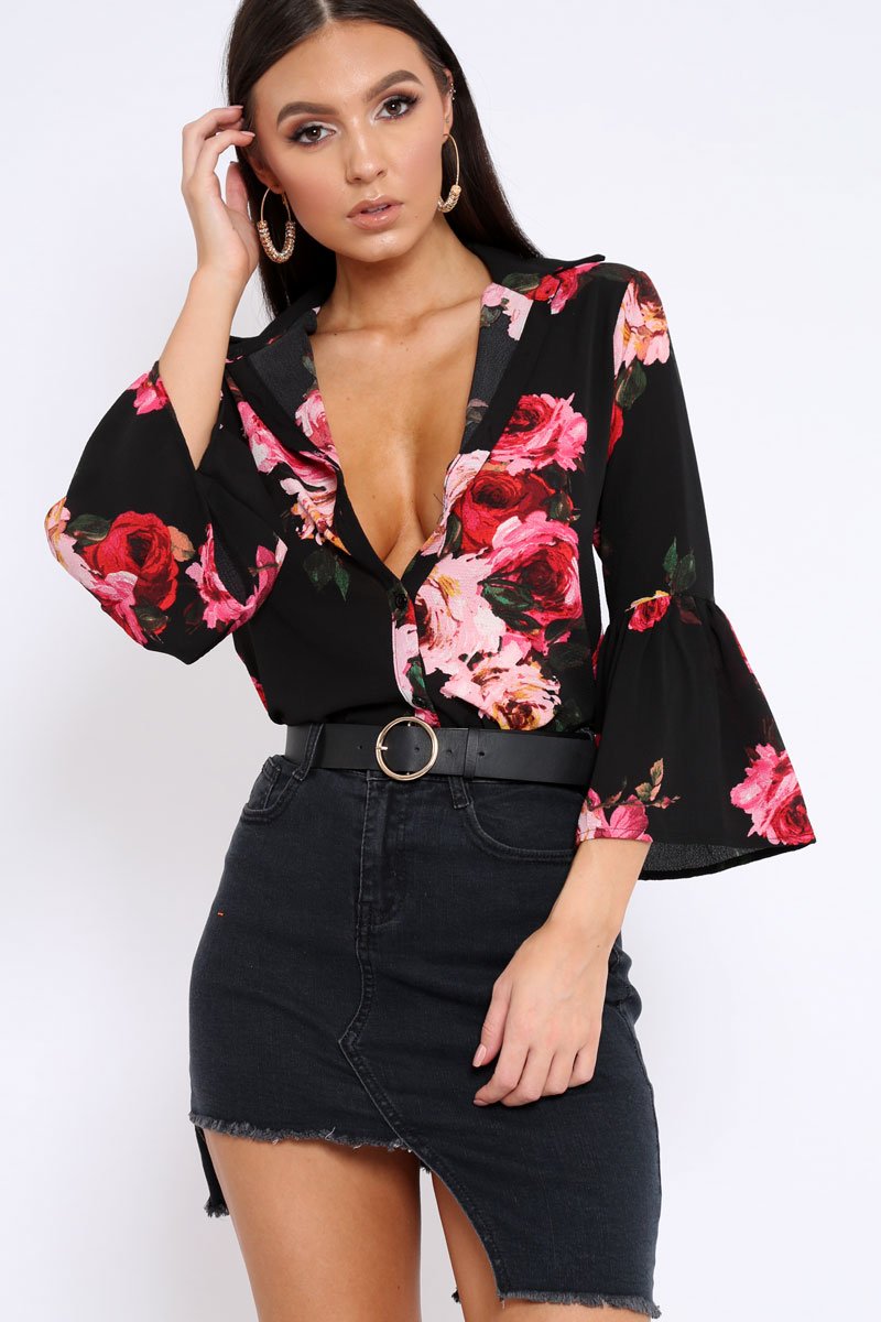 Black Floral Shirt with Bell Sleeves - Harper