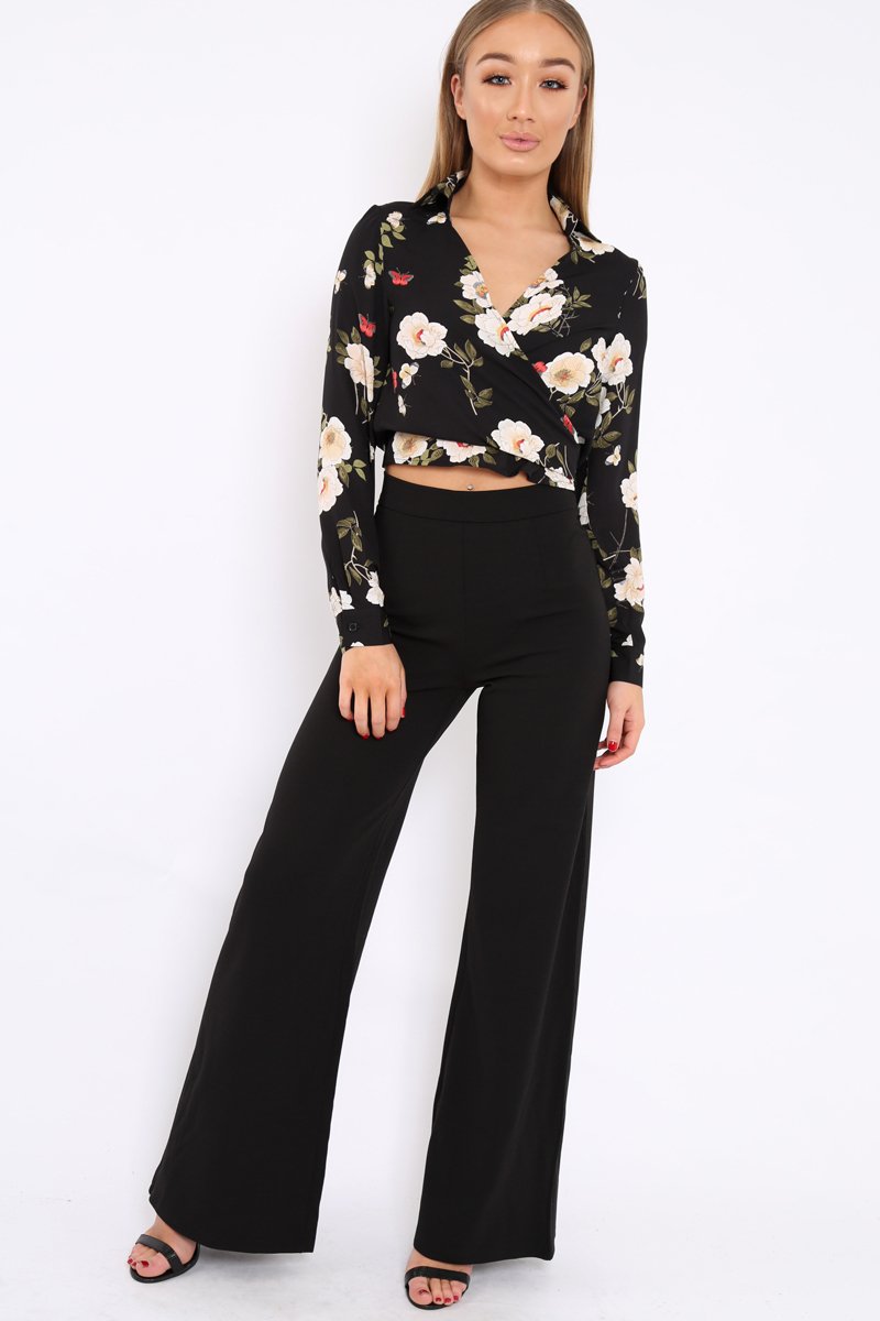 Black Floral Tie at Waist Crop Top - Monika