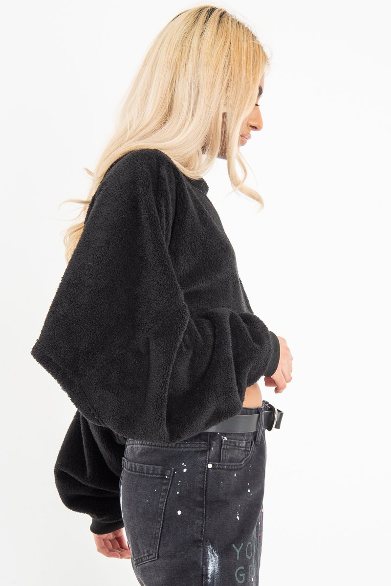 Black Fluffy Long Sleeve Crop Jumper - Noura