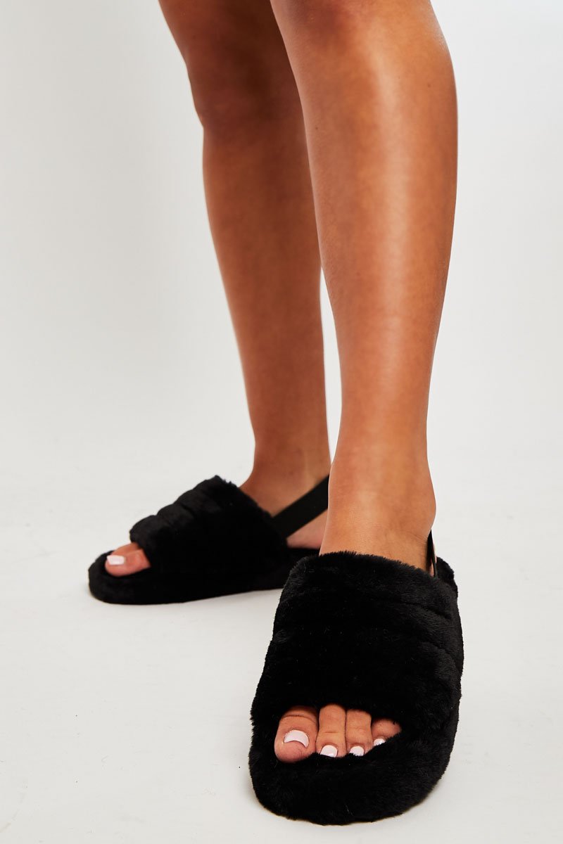 Black Fluffy Strap Sliders - Naria - Size UK3