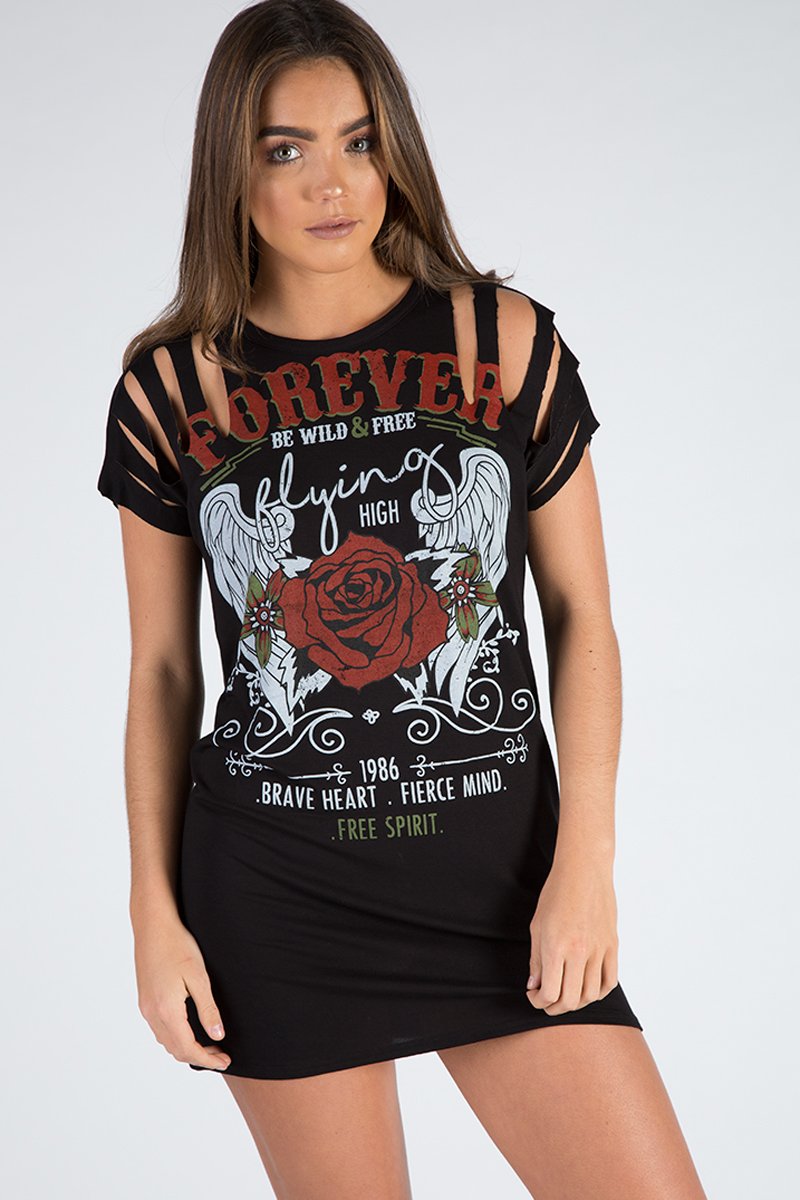 Black Forever Flying High Distressed T-Shirt Dress - Reiley