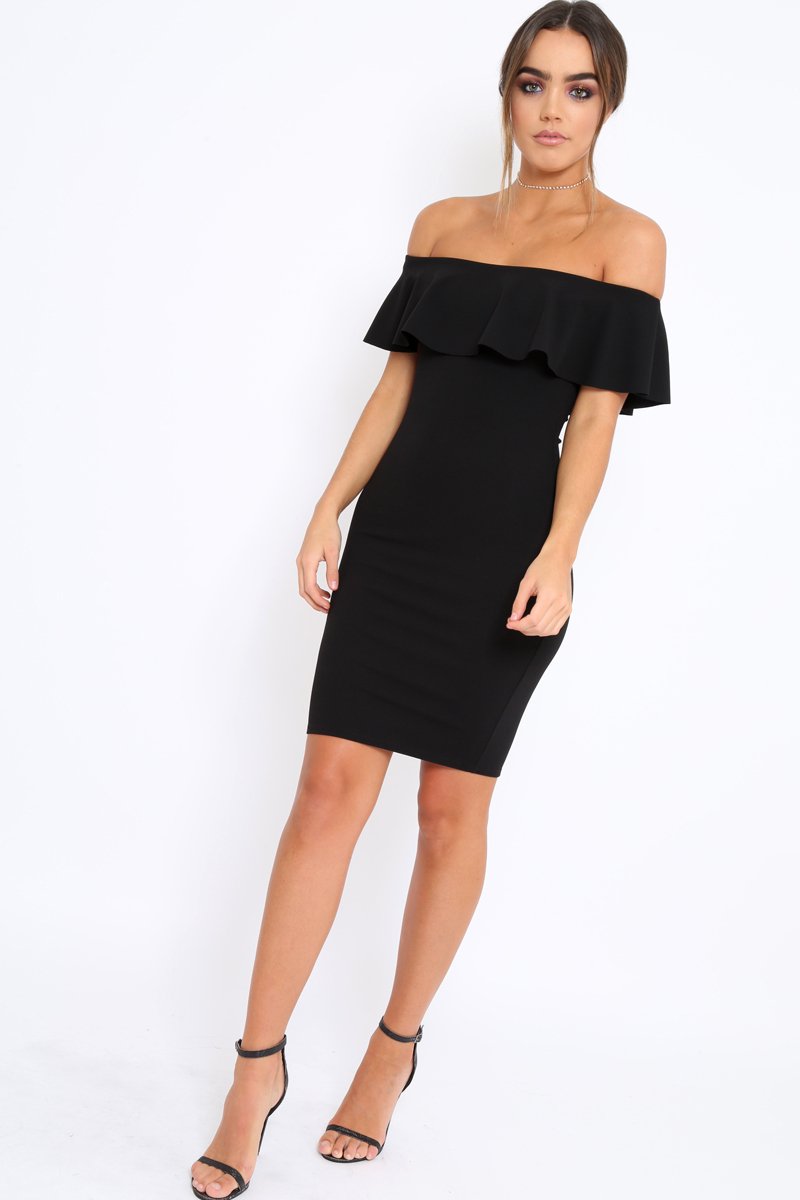 Black Frill Bardot Midi Dress - Bridget