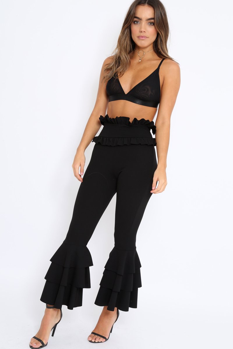 Black Frill Hem Triple Tiered Frill Hem Trousers - Karla