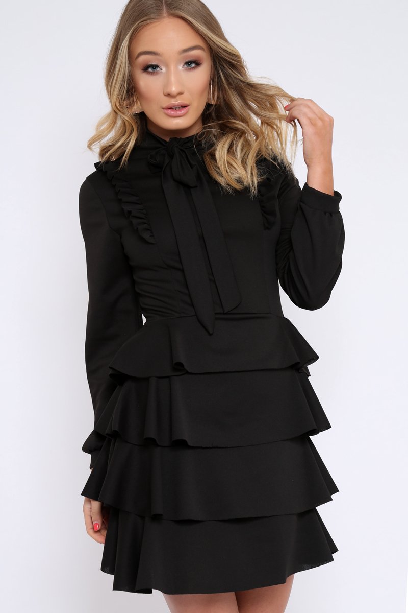 Black Frill Tie Bow Dress - Sania