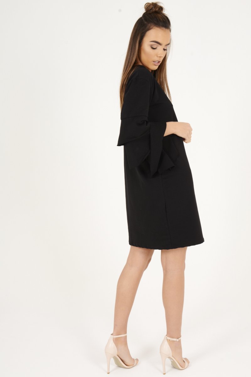 Black Frilled Sleeve Swing Dress - Aaria