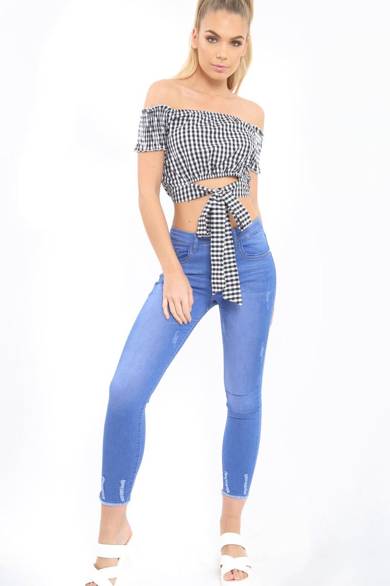 Black Gingham Bardot Wrap Around Crop Top - Rozanne