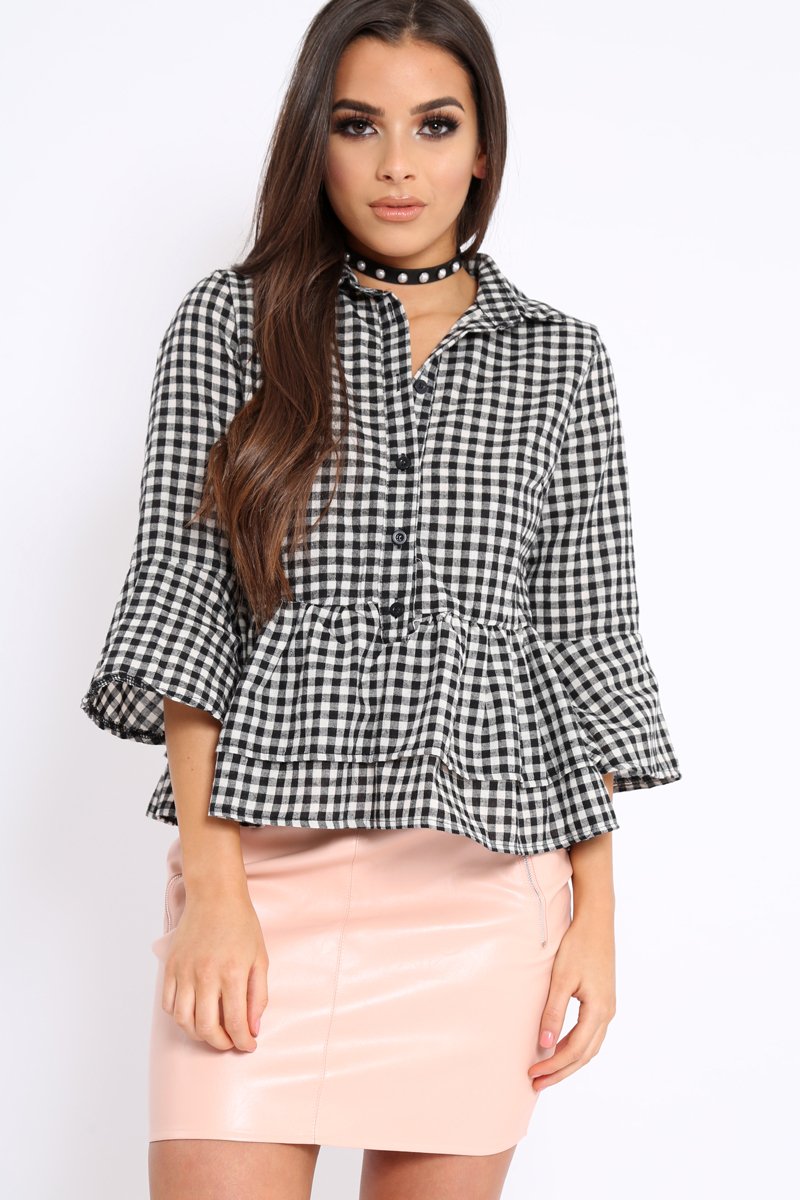 Black Gingham Flare Sleeve Peplum Shirt - Kaya